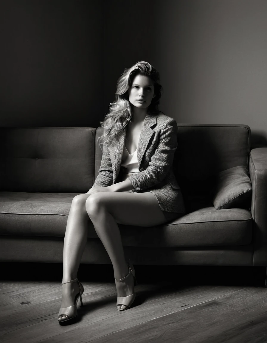 Full body portrait photography. hasselblad, 1960s, monochrome. Carl Zeiss Sonnar 150mm f/4, ambient light. high detailed. cinematic lighting. trending on artstation. A beautiful woman with soft hair, Sitting on a sofa.