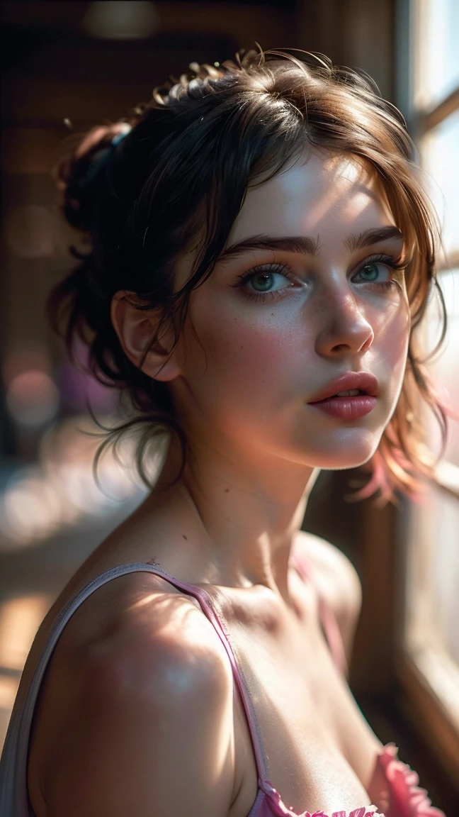 (((ultra realistic))) Photo, masterpiece, top quality, (pale skin), (Ultra detailed face and eyes:1.3), 1 girl, Adult, in a T-shirt, ((Eye makeup, mascara)), ((large detailed lips)), ((Pink волнистые волосы)), ((Chyolka)) , (Natural breasts), Slim waist. ((Posing)), photoshoot, studio (soft lighting), (The play of light and shadows), depth of field, bokeh, (special attention to skin detail: 1.2), Detailed leather texture, skin pores. (Warm atmosphere of the frame. Color range - purple, Pink, Yellow tones), UDR, ((Film grain)), ((rays)), (Glare), ((Photo to the waist, side view)) , ultra detialed, 