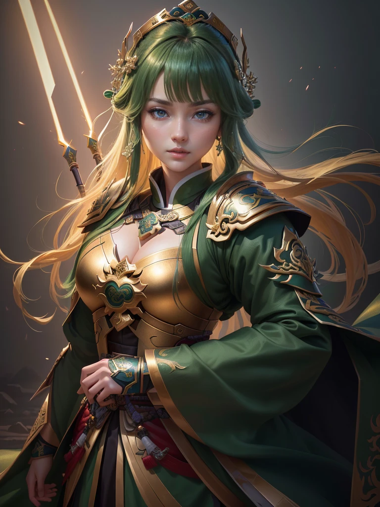 a close up of a woman in a green robe and a gold armor, inspired by Dong Yuan, zhao yun, inspired by Cao Zhibai, inspired by Guan Daosheng, inspired by Hu Zaobin, inspired by Huang Shen, inspired by Zhang Sengyao, inspired by Huang Ding, inspired by Wu Bin, inspired by Li Kan, guan yu, Highly detailed CG unit 8k wallpaper, masterpiece, High resolution, highest quality, highest quality real texture skin, Super Real, Digital Painting, Best image quality, 最High resolution, 8k, (((Highly detailed eyes and face, Beautiful eyes every detail))),