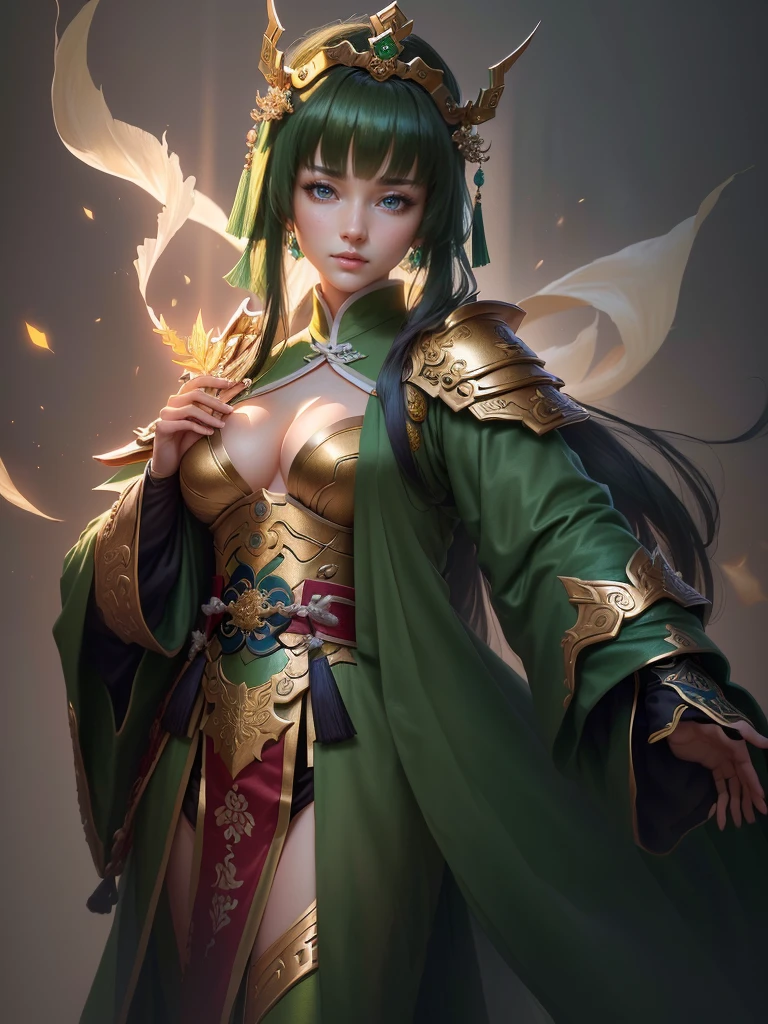 a close up of a woman in a green robe and a gold armor, inspired by Dong Yuan, zhao yun, inspired by Cao Zhibai, inspired by Guan Daosheng, inspired by Hu Zaobin, inspired by Huang Shen, inspired by Zhang Sengyao, inspired by Huang Ding, inspired by Wu Bin, inspired by Li Kan, guan yu, Highly detailed CG unit 8k wallpaper, masterpiece, High resolution, highest quality, highest quality real texture skin, Super Real, Digital Painting, Best image quality, 最High resolution, 8k, (((Highly detailed eyes and face, Beautiful eyes every detail))),