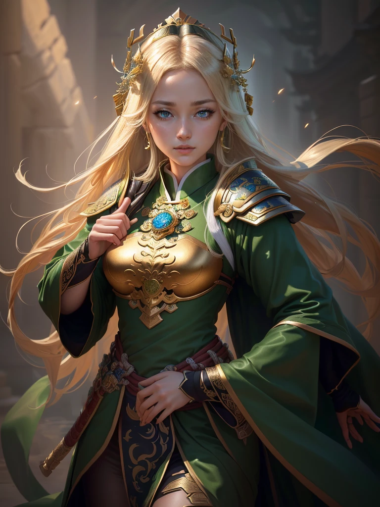 a close up of a woman in a green robe and a gold armor, inspired by Dong Yuan, zhao yun, inspired by Cao Zhibai, inspired by Guan Daosheng, inspired by Hu Zaobin, inspired by Huang Shen, inspired by Zhang Sengyao, inspired by Huang Ding, inspired by Wu Bin, inspired by Li Kan, guan yu, Highly detailed CG unit 8k wallpaper, masterpiece, High resolution, highest quality, highest quality real texture skin, Super Real, Digital Painting, Best image quality, 最High resolution, 8k, (((Highly detailed eyes and face, Beautiful eyes every detail))), 