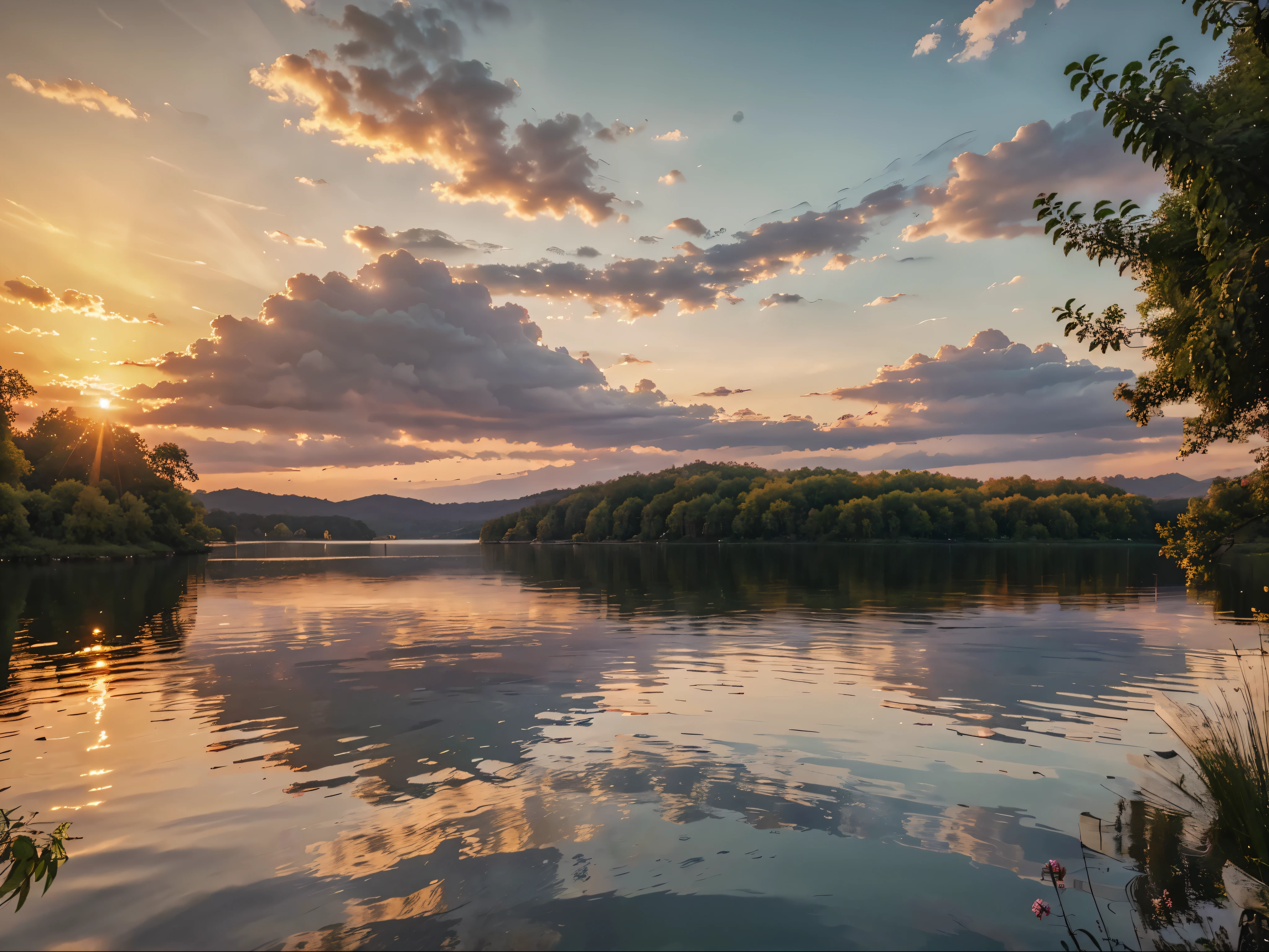 a beautiful sunset over a serene lake, dramatic orange and pink sky, glowing sun, reflections on calm water, lush green trees lining the shore, detailed clouds with intricate textures, detailed water reflections, warm lighting, photorealistic, 8k, (best quality,4k,8k,highres,masterpiece:1.2),ultra-detailed,(realistic,photorealistic,photo-realistic:1.37),landscape,vibrant colors,golden hour