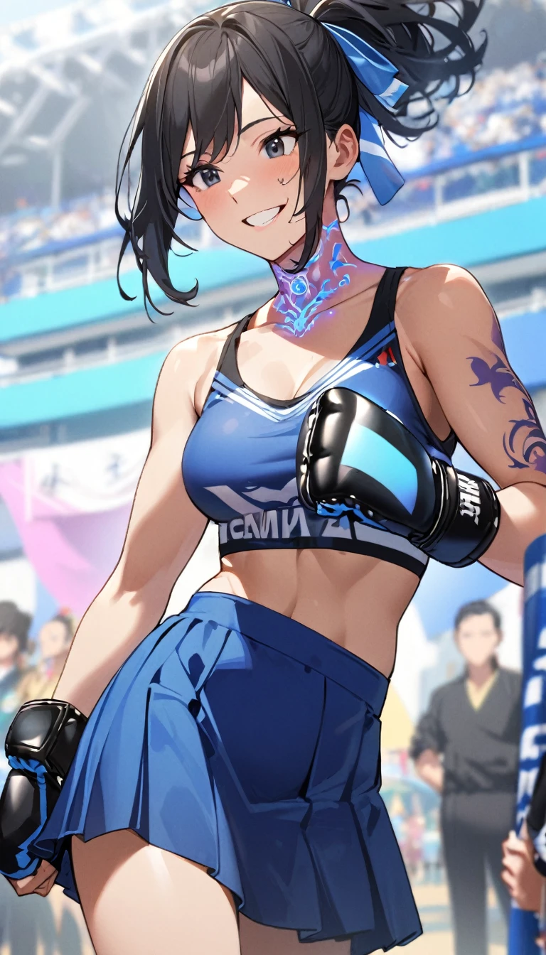 1girl,long face, tattoo on her face,matured , ponytail black hair,hair ribbons ,black eyes, ,blue skirt,joyful , standing,blue glowing dragon tattoos on her neck,glowing tattoo on her face,making a first, MMA gloves,perfect body,colourful beautiful school festival as the background,