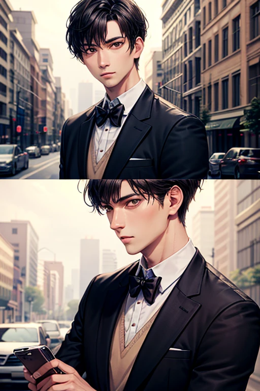 （（Tabletop））,Black-haired man, 30 years old, looking at the camera,Expressionless,Hazelnut Eyes,short hair,2 block hairstyle,Handsome face,Jacket,Suit pants