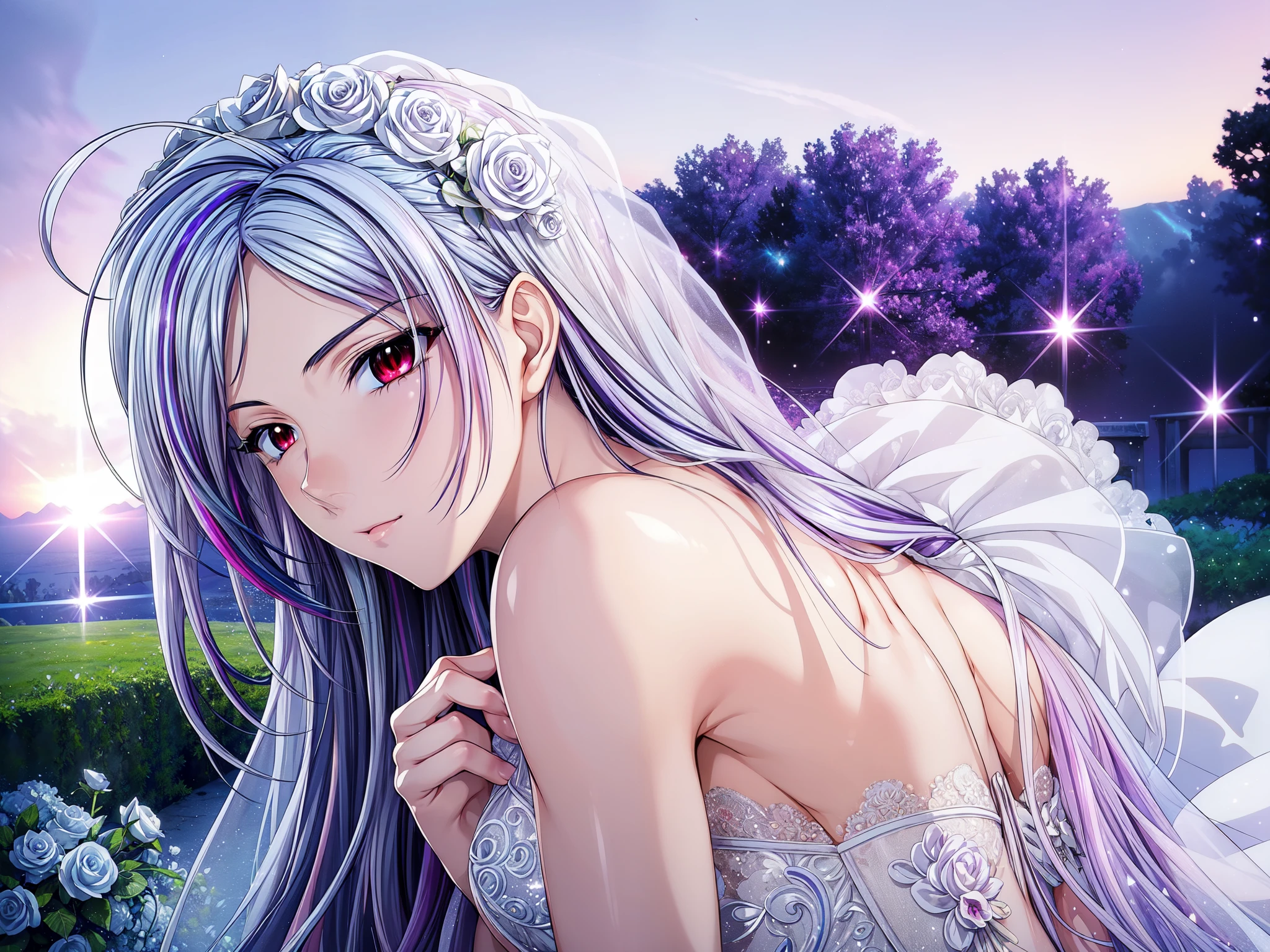 (masterpiece, best quality, beautiful and aesthetic:1.3), look back, side view, 1woman, solo, matured woman, (Silver blue hair streaked purple:1.4), (Gradient sky blue hair ends:1.6), hair strand, absurdly long hair, single sidelock, wavy hair, shiny hair, floating hair, (deep red eyes), delicate eyes, aqua eyes, super high detailed eyes, long upper eyelashes, makeup, Focus on face, Very detailed facial, Perfect breasts, hot body, (Delicate skin texture:1.2), bridal veil, lace-trimmed dress, see-through, wedding dress, outdoors, white roses, garden, morning, standing, extreme detailed,