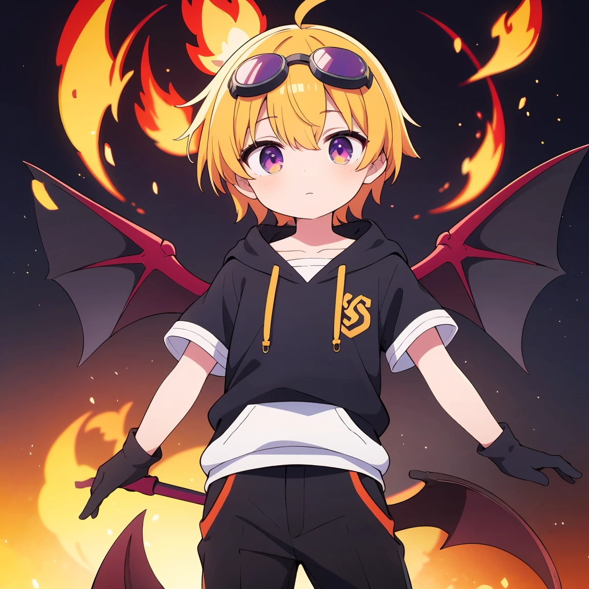 ((masterpiece, Highest quality, Very detailed)) Ahoge,Purple shorthair,Both eyes are red,Pilot goggles on head,Black glove on one hand,Bat Wings,Indigo short sleeve hoodie,Black trousers,Manipulating the flames,boy,Mini character,An illustration