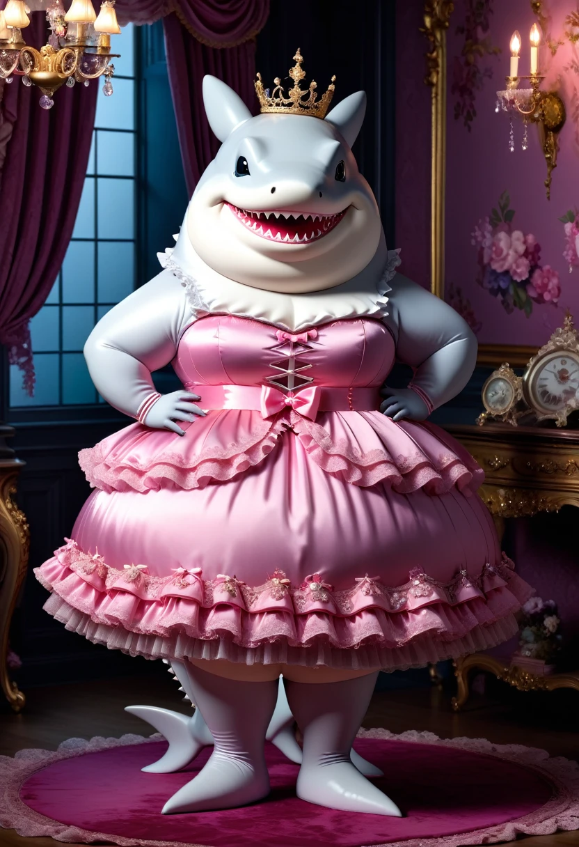 photorealistic portrait of Dressed animals-a ((fat)) ((shark)) princess,(furry), (elegant pose:1.5), (hands on hips:1.5),(smile:1.5),high quality,(),(lovely) ,intricate details, Wearing Gothic & ta pink dress , ( brim on head), highly detailed ((dress with frills and ribbon)) ,highly detailed accessories, high sox , (happy), soft lighting,(full body image:2.0),in Rococo style room background,,score_9, score_8_up, score_7_up, score_6_up, score_5_up, score_4_up,