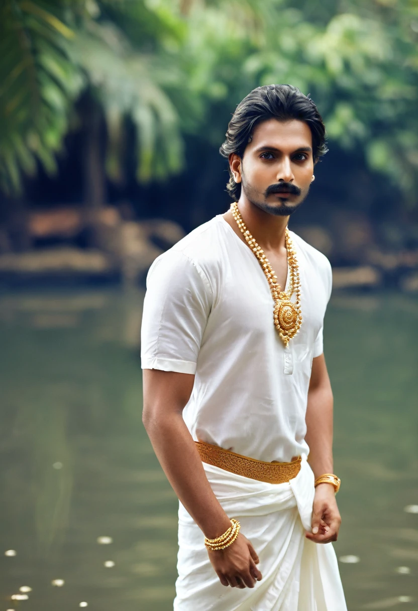 realist, Masterpiece, intricate details, detailed background, depth of field, handsome marathi man, sexy, altheletic body, fair skin, wearing jewellery, wearing dhoti, standing in water, 4k