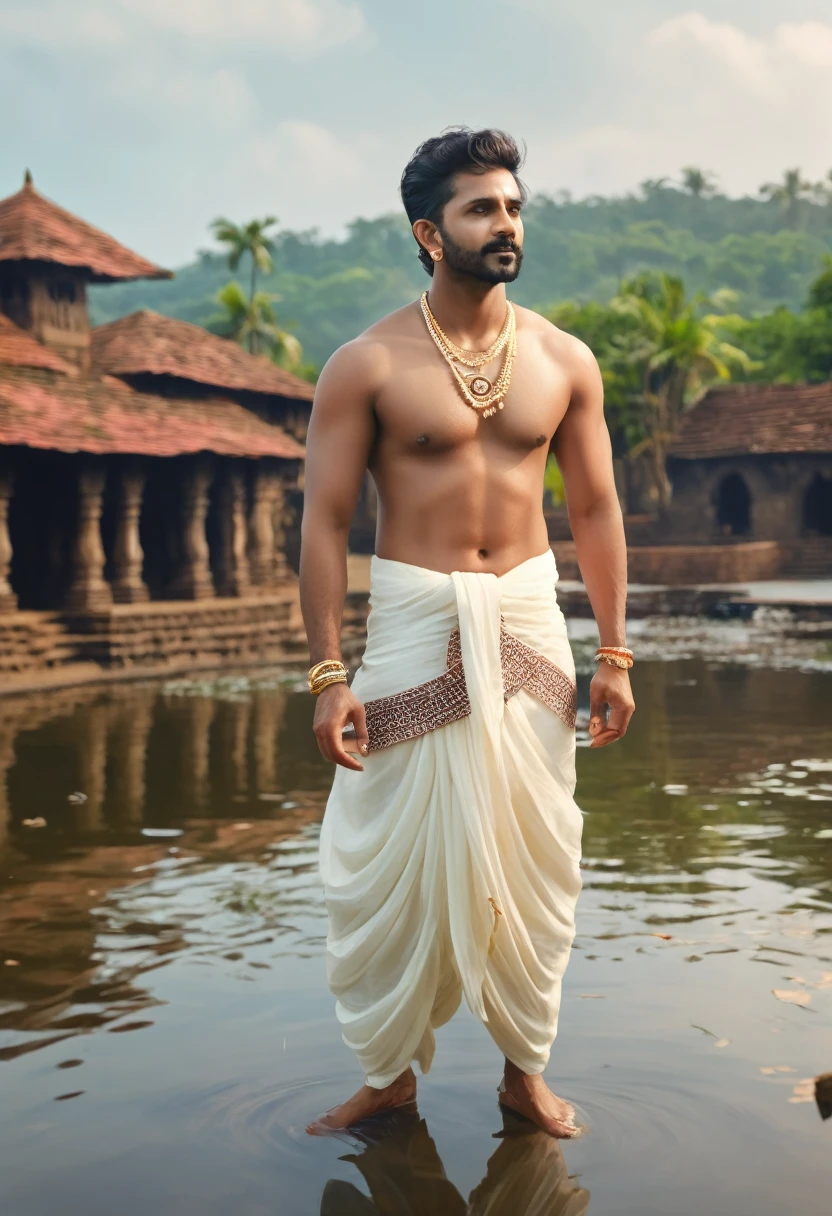 realist, Masterpiece, intricate details, detailed background, depth of field, handsome marathi man, sexy, altheletic body, fair skin, wearing jewellery, wearing dhoti, standing in water, 4k