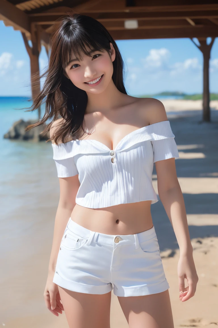 (Captured by a professional photographer:1.2), high quality, Realistic, Best image quality:1.3, (RAW Photos:1.1), Amateur models, (Accurate skeleton:1.2), (Attention to detail:1.1), 30 years old, Japanese women,(Beach), (White blouse:1.2, hot pants:1.2),Off the shoulder, barefoot, Looking at the camera:1.1, look at the person you like, Gentle expression, Thighs are visible, Warm sunshine,(Detailed eyes:1.1), (Detailed hand), (Detailed feet), smile:0.2, Cleavage:0.2, Medium chest, Sweat:0.2, ((Smile with your mouth open,Perfect teeth,Perfect alignment of teeth,Perfect smile,A perfectly cute smile:1.0)),
 