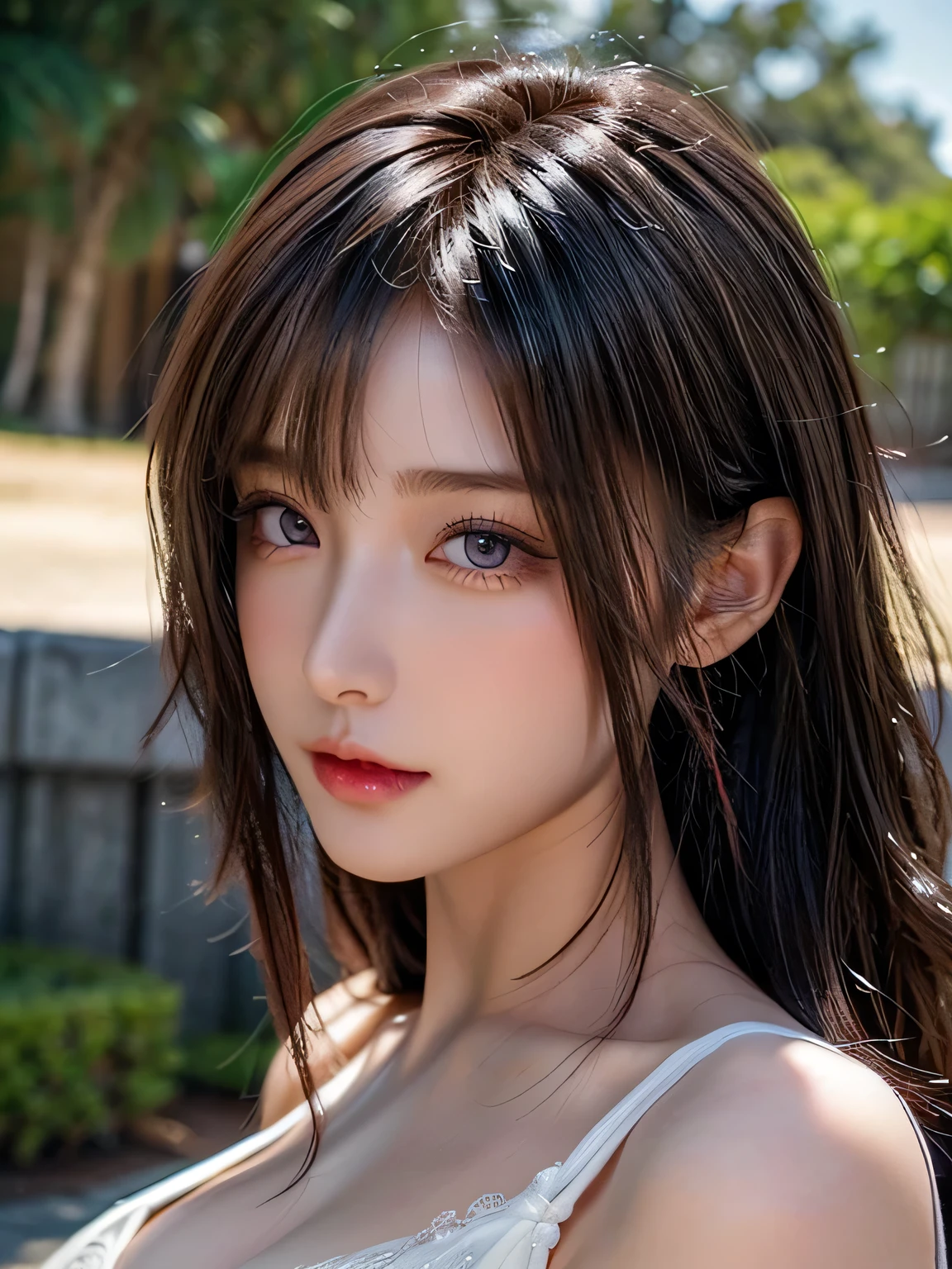 (masterpiece:1.2, Highest quality), (Beautiful, detailed eyes:1.2, Beautiful skin, Beautiful hair, Beautiful eyes, seductive eyes), ((Woman)), (Detailed eyes and face:1.3), ((Asymmetrical hair:1.1)), (Highly detailed CG, Super detailed, Best Shadow:1.1), ((Depth of written boundary:1.1)), ((watercolor)), beautiful concept figure, (figure:1.1), (Perfect detail:1.1), looking at viewer, Good posture and dignity, From the neck up, natural soft lighting, evening sunset, Highlights in the eyes, Very perfect and beautiful face, close up shot, Bare shoulders, (vibrant colors, vivid colors background:1.2), 