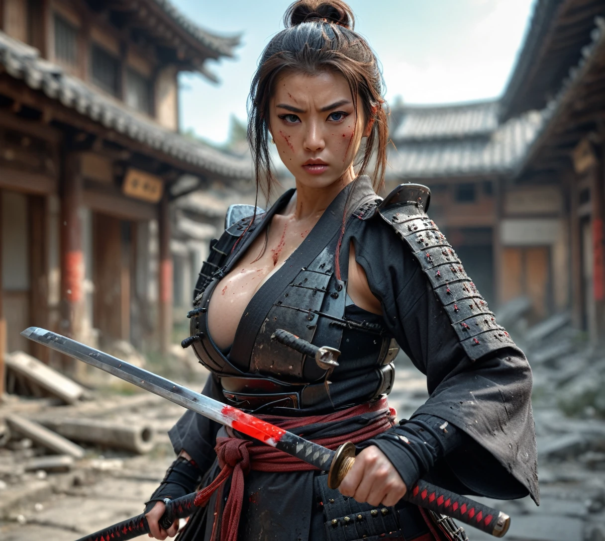 amazing quality, masterpiece, best quality, hyper detailed, ultra detailed, UHD, HDR, DOF, depth of field, wide-angle lens, action shot, realistic digital photo, female samurai holding a katana, huge breasts, fighting stance, abandoned city, old building, uhd, 8k, insane details, 