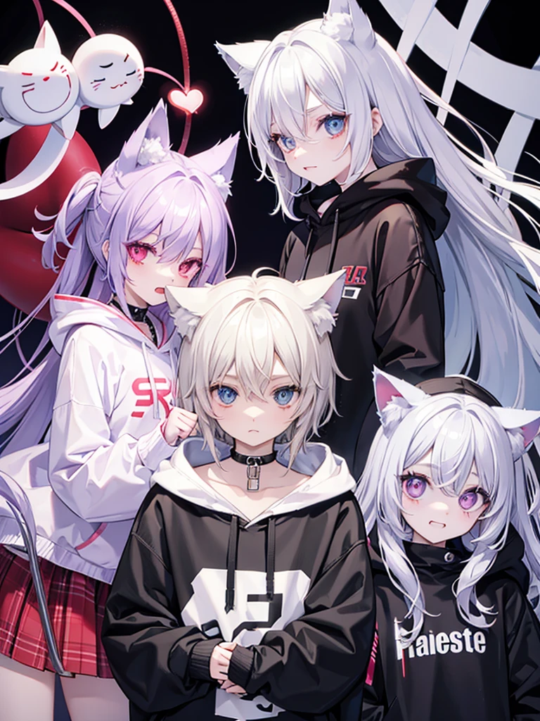 Cat ear、Androgynous and cute face、White skin、vampire、Silver Hair、Oversized hoodie、Right eye is red、Left eye is silver