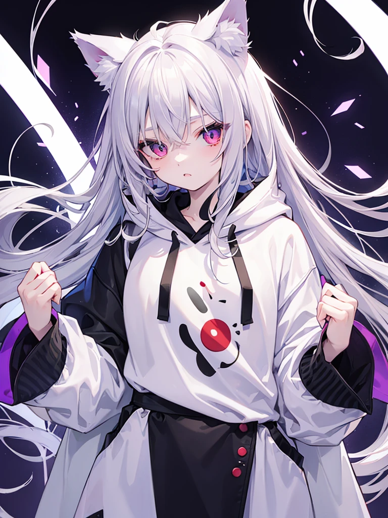 Cat ear、Androgynous and cute face、White skin、vampire、Silver Hair、Oversized hoodie、Right eye is red、Left eye is silver
