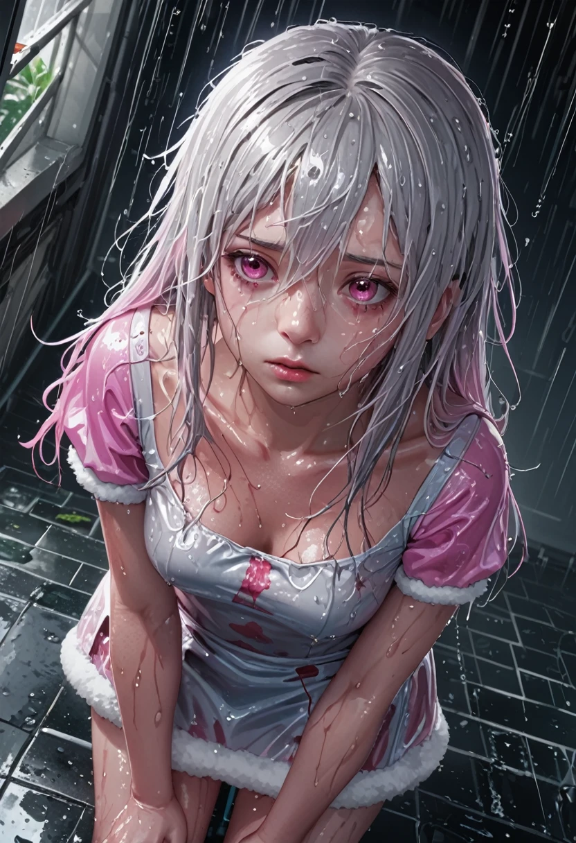 Pink eyes, Dutch Angle, look up, Anatomically correct, Highest quality, High resolution, Silver Hair, Disheveled Hair, Wet Hair, chest, Red face, Dutch Angle, Character portrait, Cropped, Magic 、Fluffy mini skirt、Wet with rain、Inorganic place