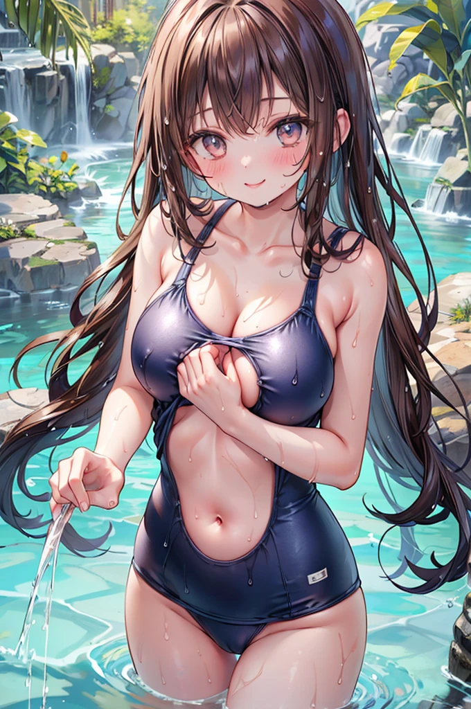 masterpiece, best quality, nsfw,
 1girl, (dark blue school swimsuit, bare shoulders), from above,
 big breasts, hanging breasts, cleavage,
 bring breasts together, puddle in the cleavage,
 brown hair, smile,
 (wet body:1.5), school pool,
