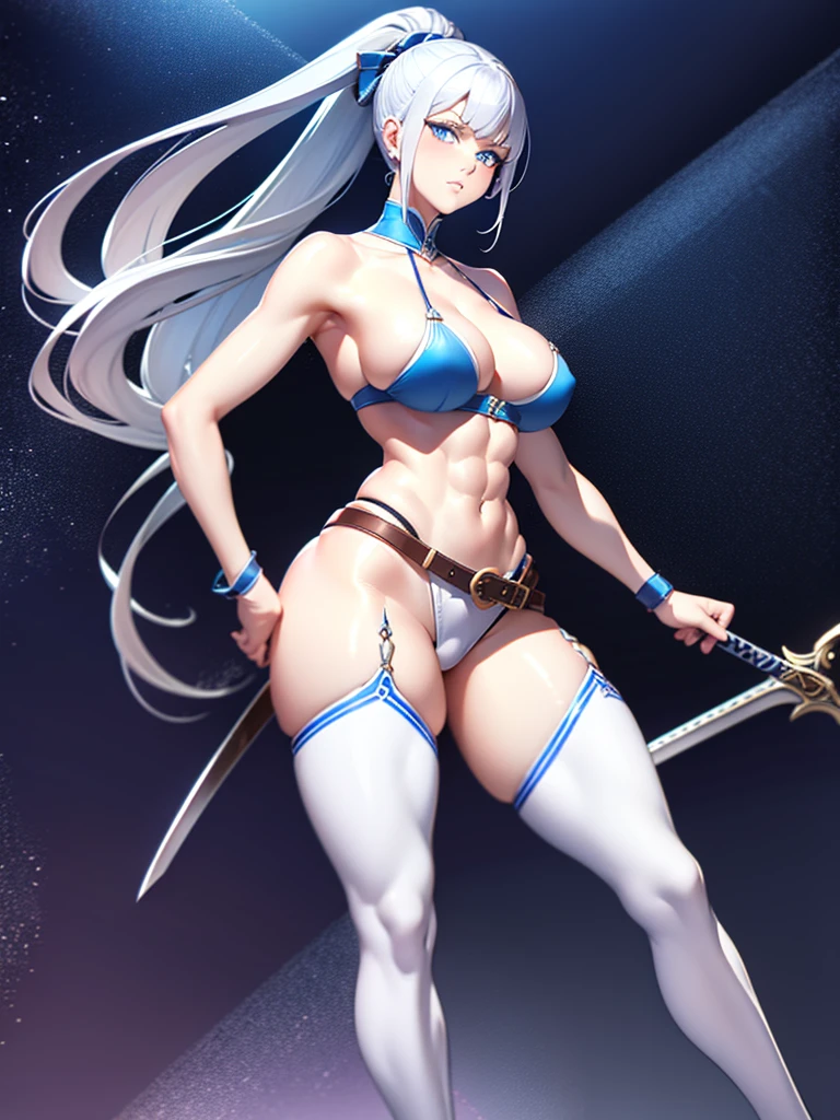 a beautiful, tall young woman ( 180 cm) with a curvy yet athletic and muscular build, chin-length, Sky blue eyes and White hair with a fringe styled into a ponytail with an ample very big chest (E-cup chest), gracefully curved legs, and nearly translucent skin, wore a fitted tunic of deep indigo, accented with silver thread that hinted at her noble lineage. Beneath, she had sturdy leather breeches, allowing for ease of movement in battle. A wide belt cinched her waist, adorned with pouches and a beautiful sword. Her boots, practical yet finely crafted, reached mid-calf. The outfit blended elegance with functionality, reflecting her strength and status as a warrior.