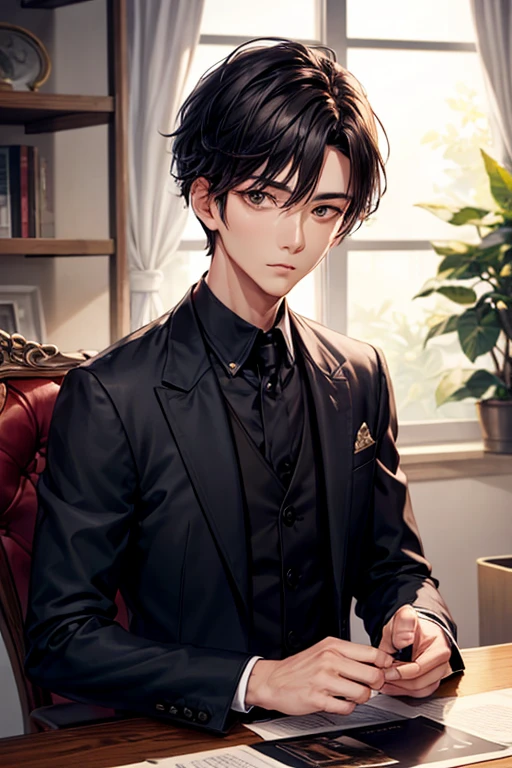 （（Tabletop））,Black-haired man, 30 years old, looking at the camera,Expressionless,Hazelnut Eyes,short hair,2 block hairstyle,Handsome face,Jacket,Suit pants