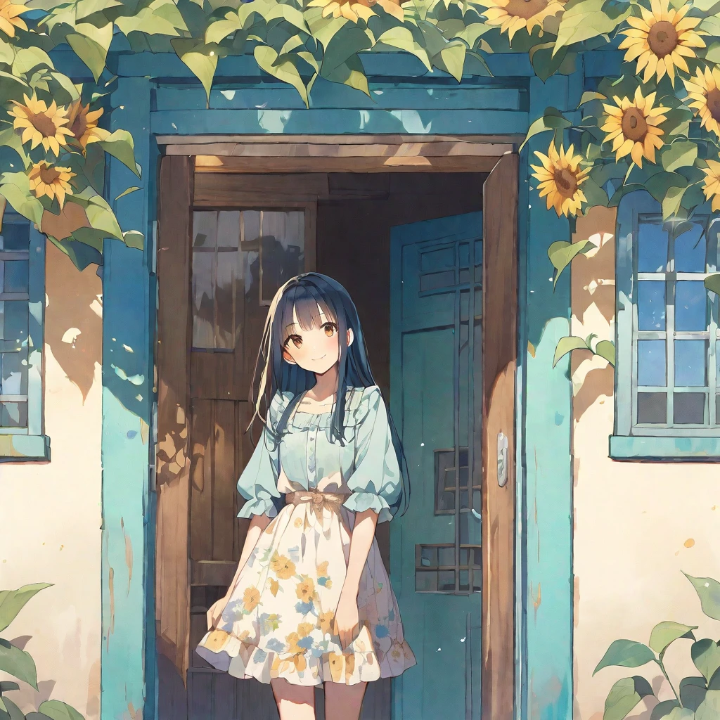 solo,handsome, Water color ,
1. Female,
,Straight Hair,long Hair,GLAY hair, 
Kazuka Nakano ,
brown eyes,Soft look,
beautiful,ta,
smile,skin, Blue sky, entrance cloud,
 casual dress, 
simple background ,
sunflower background,