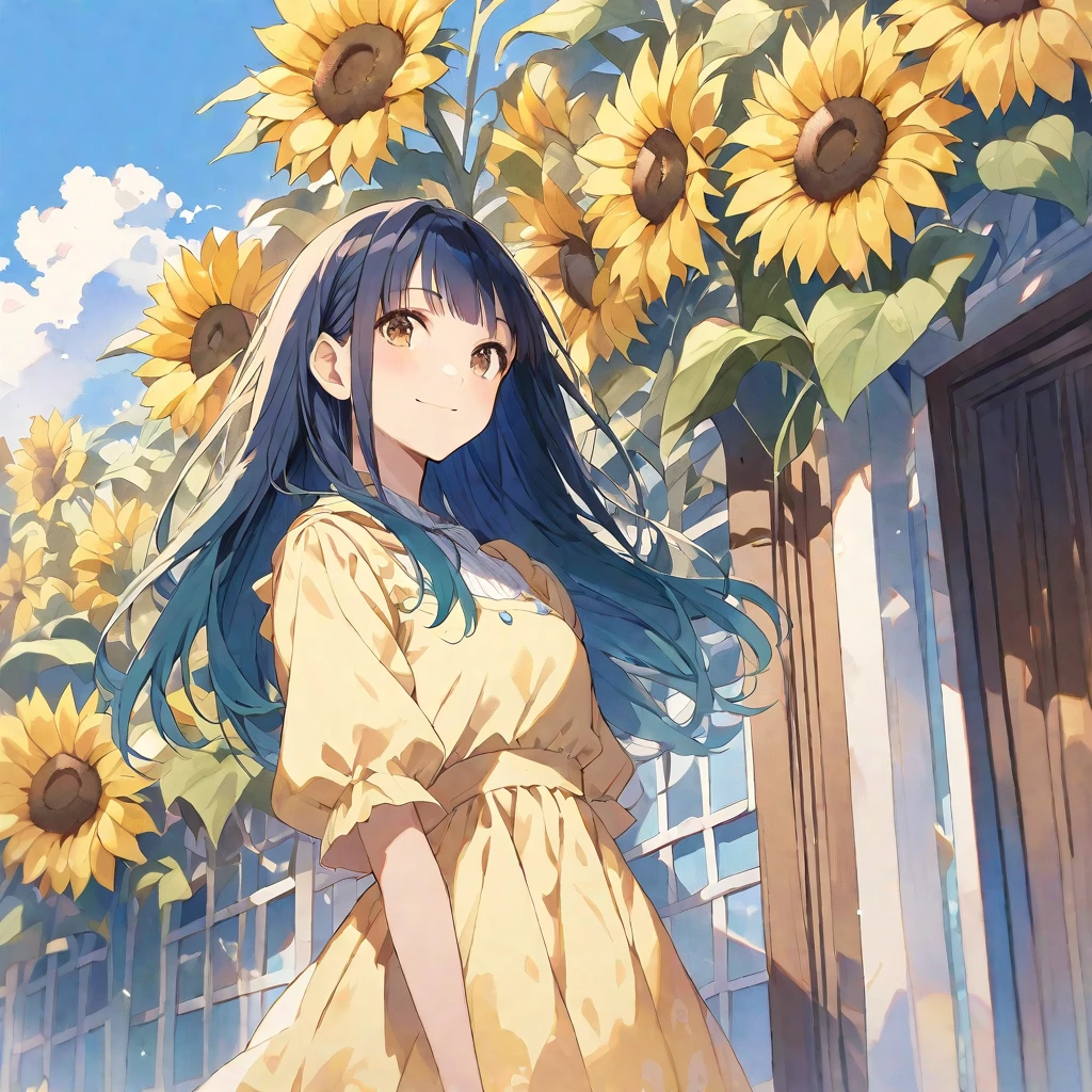 solo,handsome, Water color ,
1. Female,
,Straight Hair,long Hair,GLAY hair, 
Kazuka Nakano ,
brown eyes,Soft look,
beautiful,Lolita,
smile,skin, Blue sky, entrance cloud,
 casual dress, 
simple background ,
sunflower background,