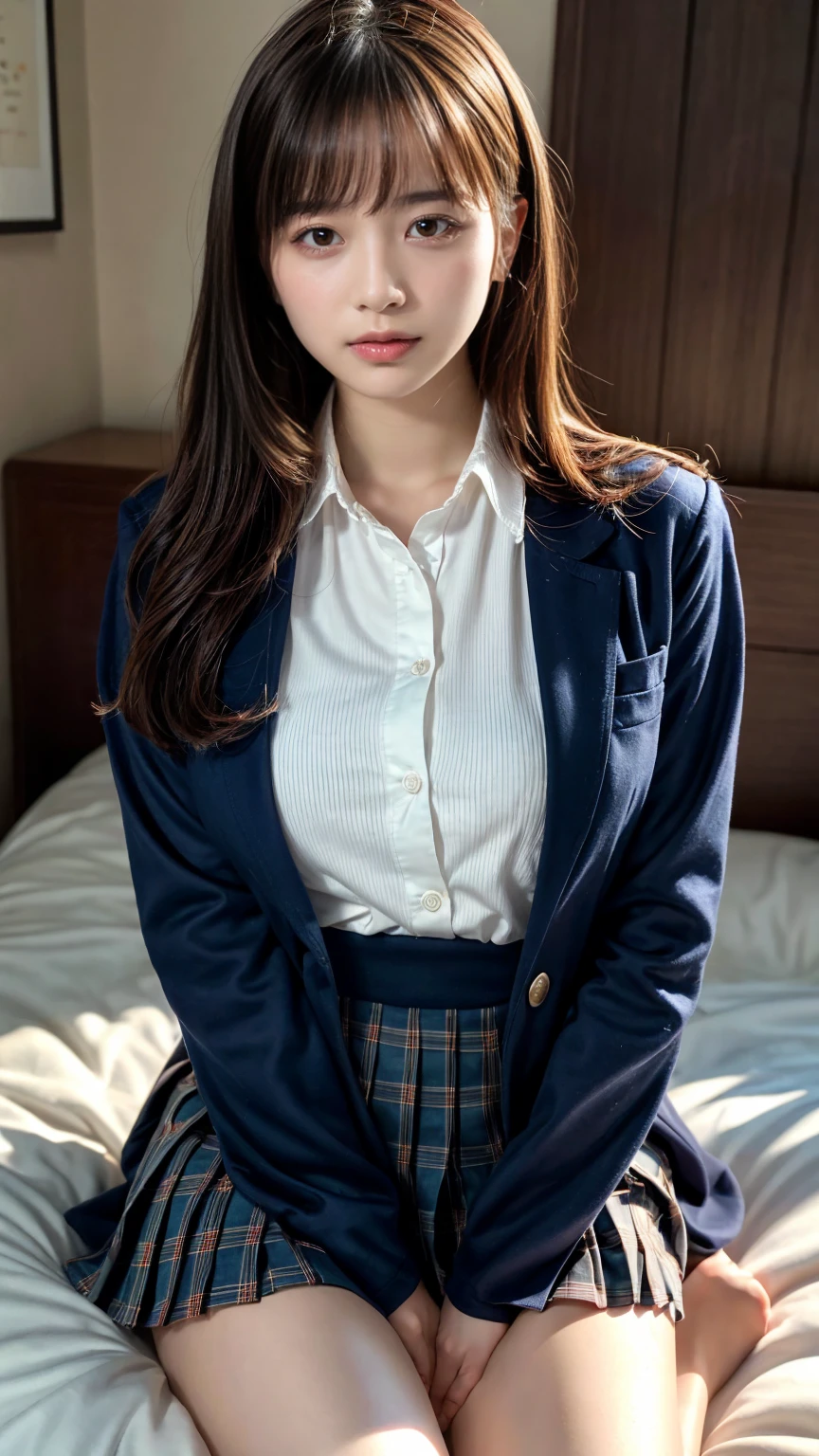Graduation Ceremony、high school girl、uniform 、Navy jacket、Checkered pleated skirt、White shirt、Bedroom、Lying in bed、Perfect proportions、cute、((18-year-old female:1.2))、Young and adorable Japanese face,Big Breasts, valley, Official Art,Highly detailed CG Unity 8K wallpaper,(masterpiece:1.0),(Highest quality:1.0), High resolution,4K,Very detailed, photo shoot, 8K, nsfw, High resolution, Kodak Portrait 400, Film Grain, Lens flare brilliance, Professional Lighting,Cinematic Light, View your viewers