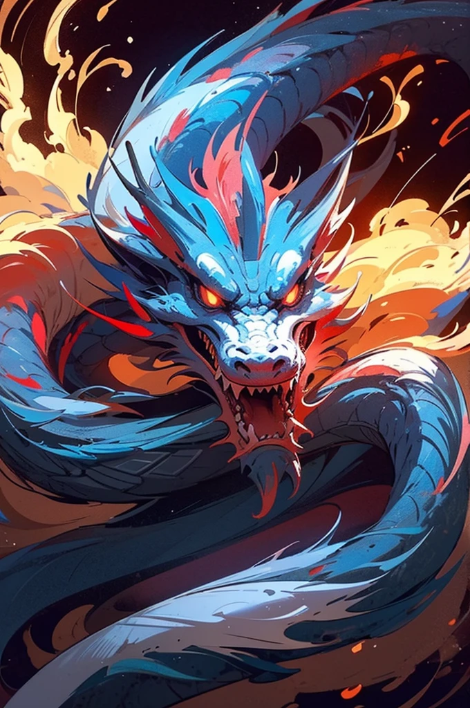 Dragon made of pure fire turned slightly to the right, made of pure fire, facing slightly to the right, close up, red dragon, dragon extremely close to the viewer, open mouth, wide open fire mouth