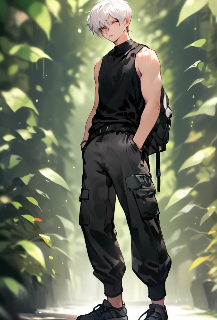 ((8k resolution masterpiece)) 1male, full body art, anime, Young adult, midnight purple eyes, wild short white hair, mid length white hair, defined dody, slim toned, light skin, casual expression, black tank top, black cargo pants, 