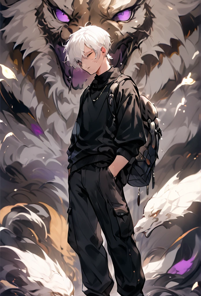 ((8k resolution masterpiece)) 1male, full body art, anime, Young adult, midnight purple eyes, wild short white hair, mid length white hair, defined dody, slim toned, light skin, casual expression, black tank top, black cargo pants, 