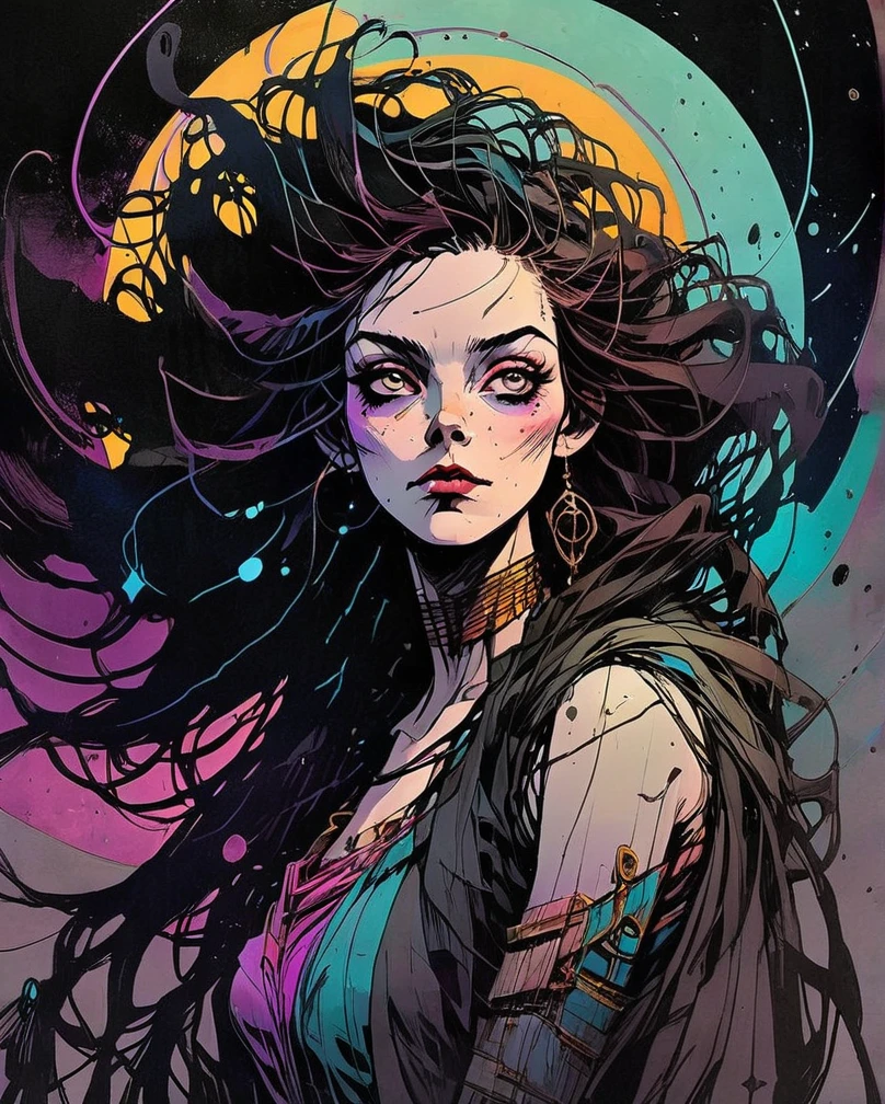 {Surreal worlds with realistic subjects}, {digital illustration with inked contouring}, defined inked outlines, delicate texturing, deep vivid block coloring with color blends, dark-contrast lighting, semi-flat rendering, masterpiece, ultra-high quality, depth, drama.}
{A bewitchingly beautiful female space-warlock who follows an old and forgotten deity. Mid-30s, Detailed long curly hair, lots of tattoos, shapely and revealing robes. Forlorn alien landscape background.}
{Elaborate retrofuturistic character design with horror undertones, characterful and expressive faces, semi-realistic and lean anatomy},
{Intense, dark, and vivid colors, dark color balance, dark and intense lighting, soft diffused highlights, and opaque black shadows, tenebrosity, triadic color scheme, unique color distortions, maximalism.}
{Science fiction art, eldritch horror art, eerie surrealist art, dark fantasy art, gothic art, heavy metal art, angst, gloom, misty, occultic.}
