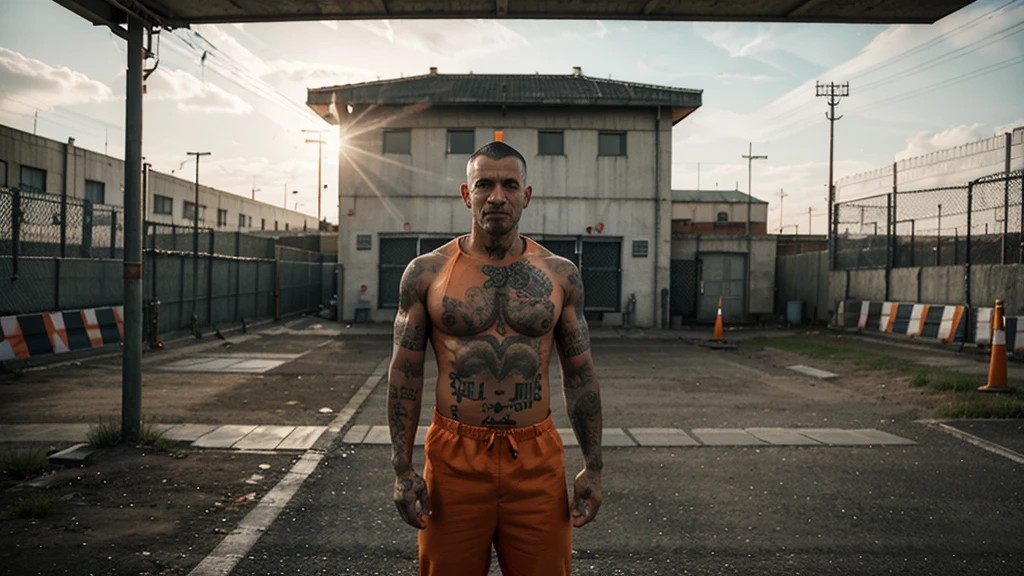 A serious, tattooed prisoner in an orange jumpsuit, standing in front of a secure prison environment. The background includes barbed wire, high fences, watchtowers, and other inmates dressed in orange, creating a tense and intimidating atmosphere.