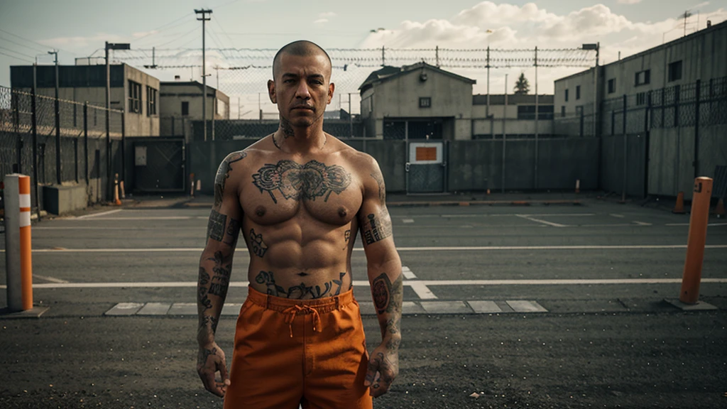 A serious, tattooed prisoner in an orange jumpsuit, standing in front of a secure prison environment. The background includes barbed wire, high fences, watchtowers, and other inmates dressed in orange, creating a tense and intimidating atmosphere.
