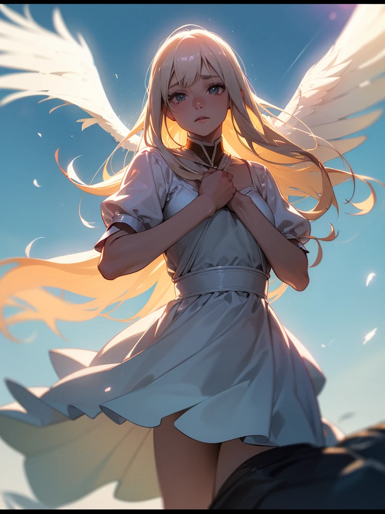 (Sumilux f1.4 24mm , low Latitude old color negative film , cross process , bokeh, flare, chromatic aberration , soft focus, (Shallow focus) , soft glow , Maximum aperture, High Key , Transparent depiction) , Wide angle , anime girl , kawaii round face , skinny body , luxury long dress , Many feathers fluttering down , looking away , clothed erotica , Opera singer pose , on the The peak of the rock , Strong winds , Cloaca , (splash White excrement)