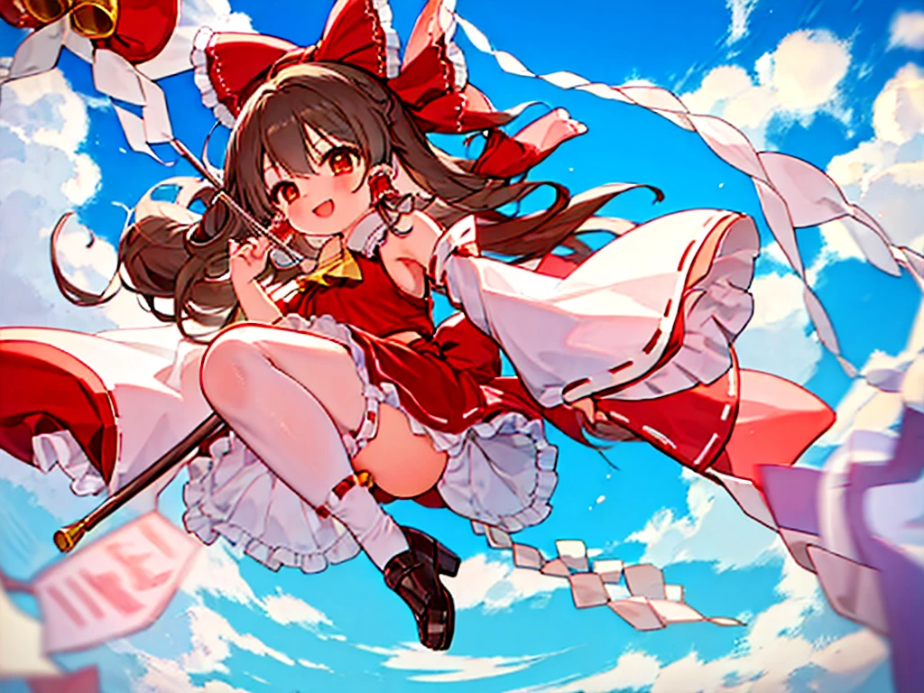 anatomically correct, high quality, 8k,cute girl,reimu,play trumpet,reimu playing trumpet,smile, fine sky background,correct trumpet
