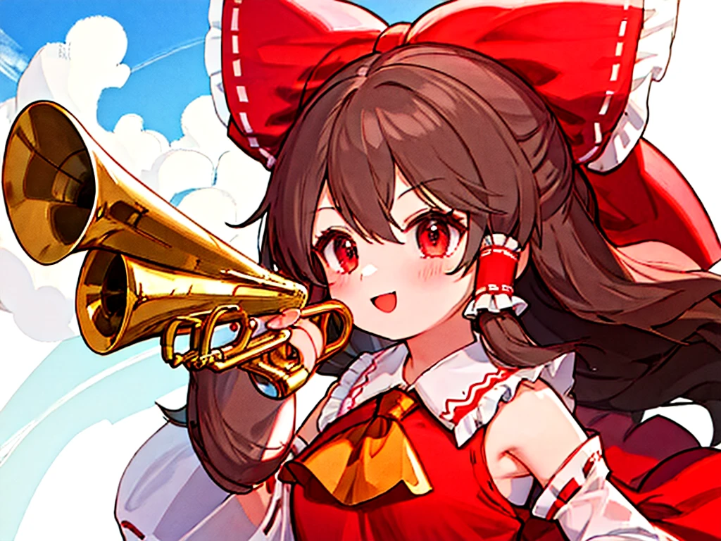 anatomically correct, high quality, 8k,cute girl,reimu,play trumpet,reimu playing trumpet,smile, fine sky background,correct trumpet
