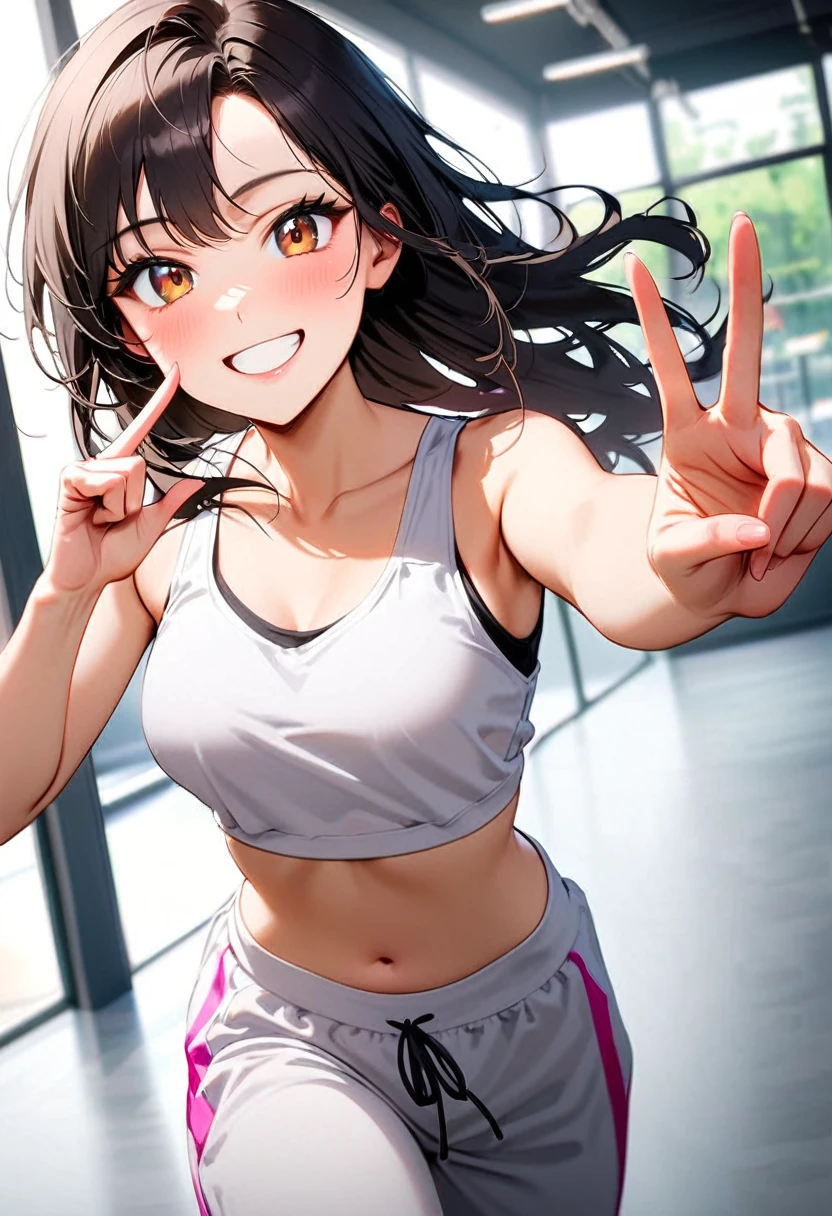 A young woman, 18-years-old, solo, Korean, (long wavy black hair, no bangs:1.1), brown eyes, white tank top, midriff, white baggy sweatpants, playful smile, cheerful, mature face, dance studio, holding up a v-sign