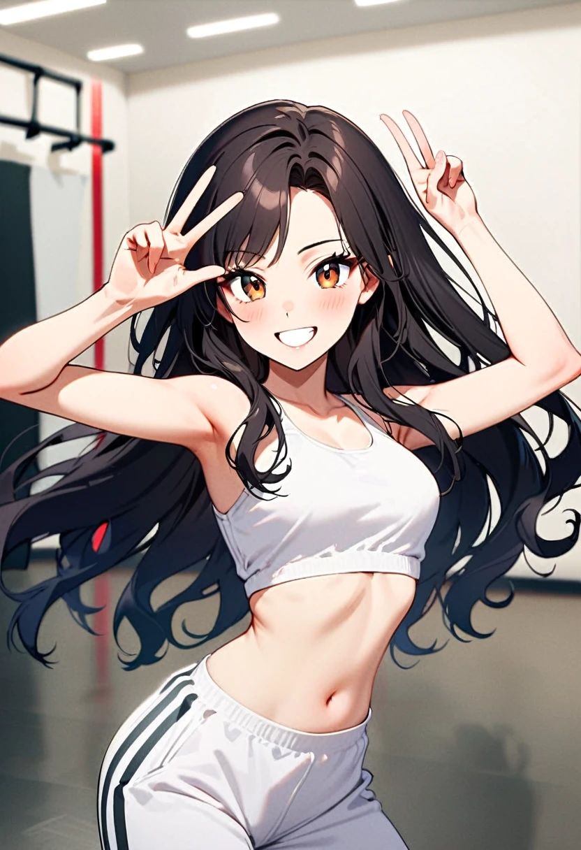 A young woman, 18-years-old, solo, Korean, (long wavy black hair, no bangs:1.1), brown eyes, white tank top, midriff, white baggy sweatpants, playful smile, cheerful, mature face, dance studio, holding up a v-sign
