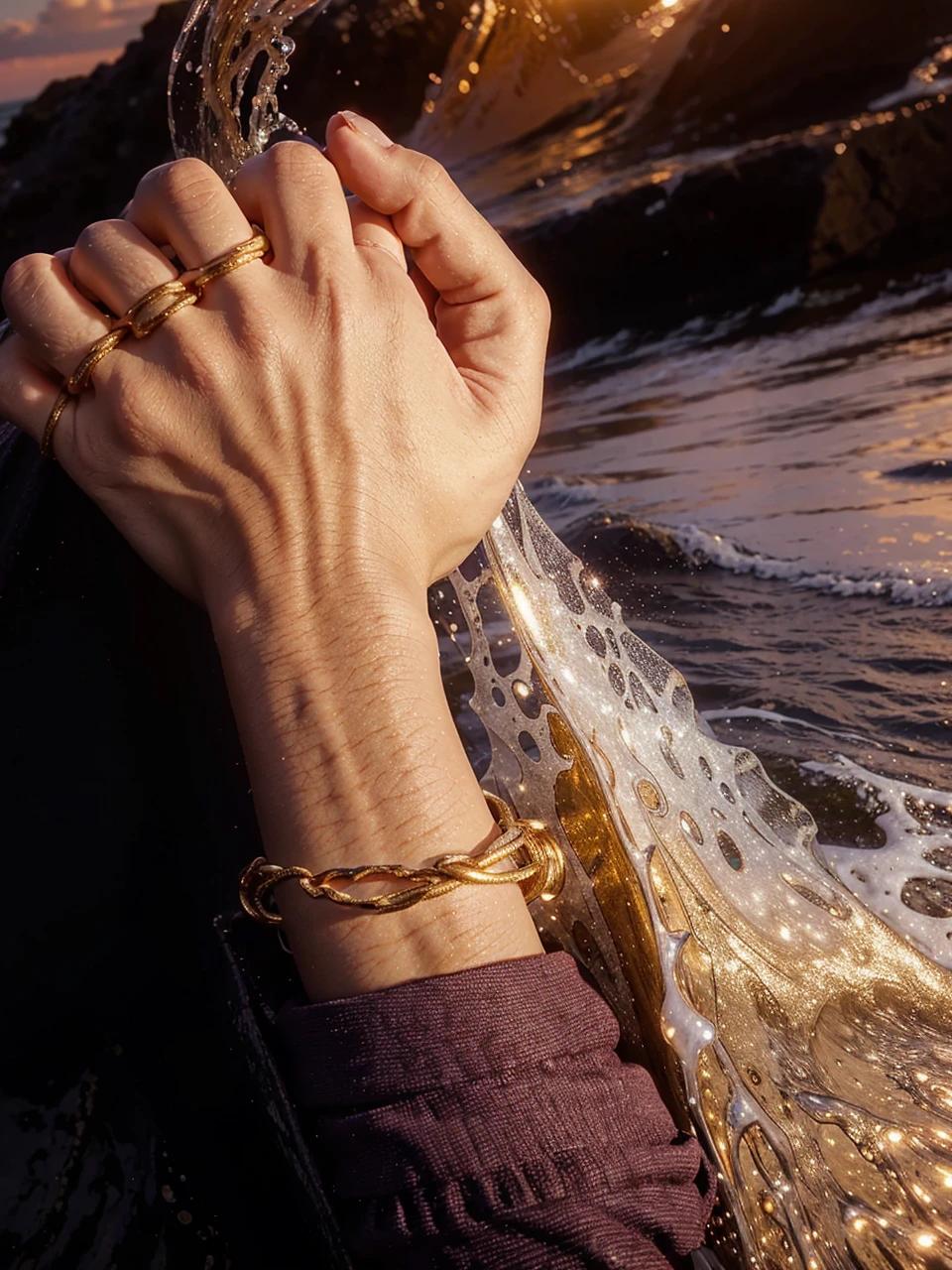 covert the hand with a beautiful sunset over a seabeach, 8k, ultra-detailed, smooth, photorealistic, cinematic lighting, dramatic clouds, detailed waves crashing on the shore, golden hour lighting, vibrant colors, serene atmosphere