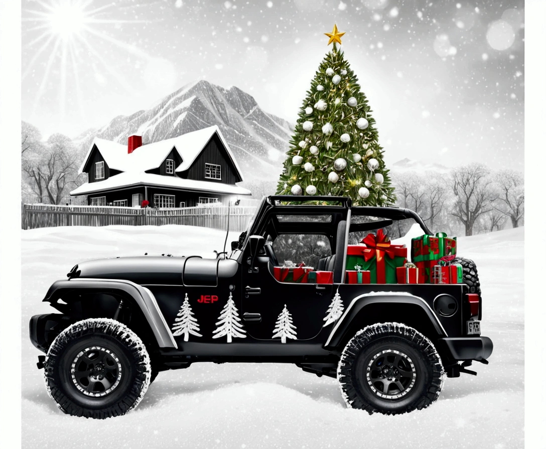 intricate detailed black and white jeep, christmas tree behind jeep, wrapped presents, snowy scenery, realistic lighting, highly detailed, photorealistic, 8k, hyper detailed, professional photography, masterpiece