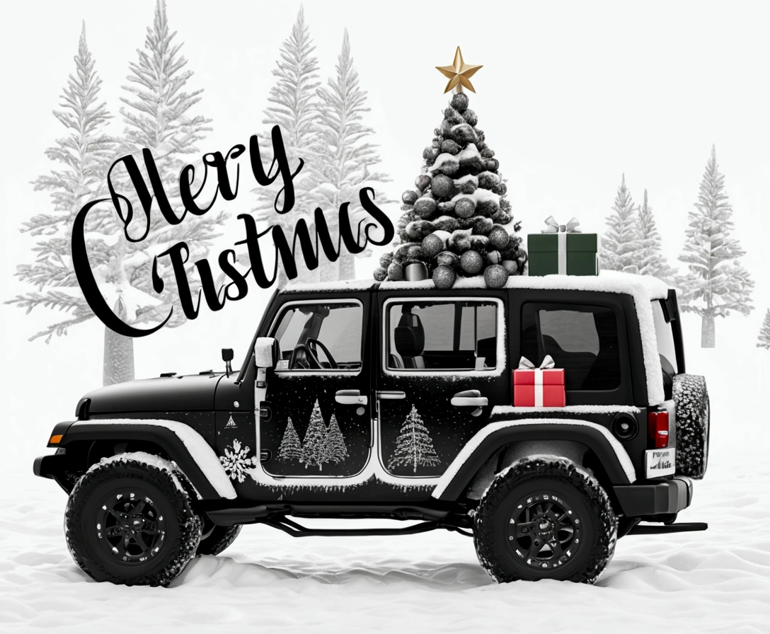 intricate detailed black and white jeep, christmas tree behind jeep, wrapped presents, snowy scenery, realistic lighting, highly detailed, photorealistic, 8k, hyper detailed, professional photography, masterpiece