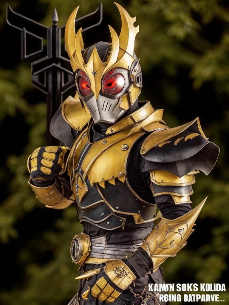 armor with yellow color, and red eyes, realistic 