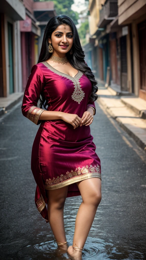 Best quality, masterpiece, high_res, indian girl, beautiful detailed face, gray eyes, red full lips, big smile, face makeup, black hair, 
Long Hair, Panjabi dress, High Wear, Full Body Cover, Tight Dress, Full Body Detailed, indian Effect, Multiplicity, Realistic Photos, Edge Lighting, Two-Tone Lighting, (High Detail Skin: 1.2), 8K UHD, DSLR, Soft Lighting, High Quality, Volumetric Lighting, Candid, Photography, High Resolution, 4K, 8K, Bokeh, Ridiculous, biggest breasts, wide waist, wearing panjabi dress very very healthy, very fatty girl, A lone wanderer walking on Indian Street, barefoot,  professional ballet movements, a butterfly on the fingertip, captivating, water splashing, chiaroscuro, minimalist, evocative, clean background