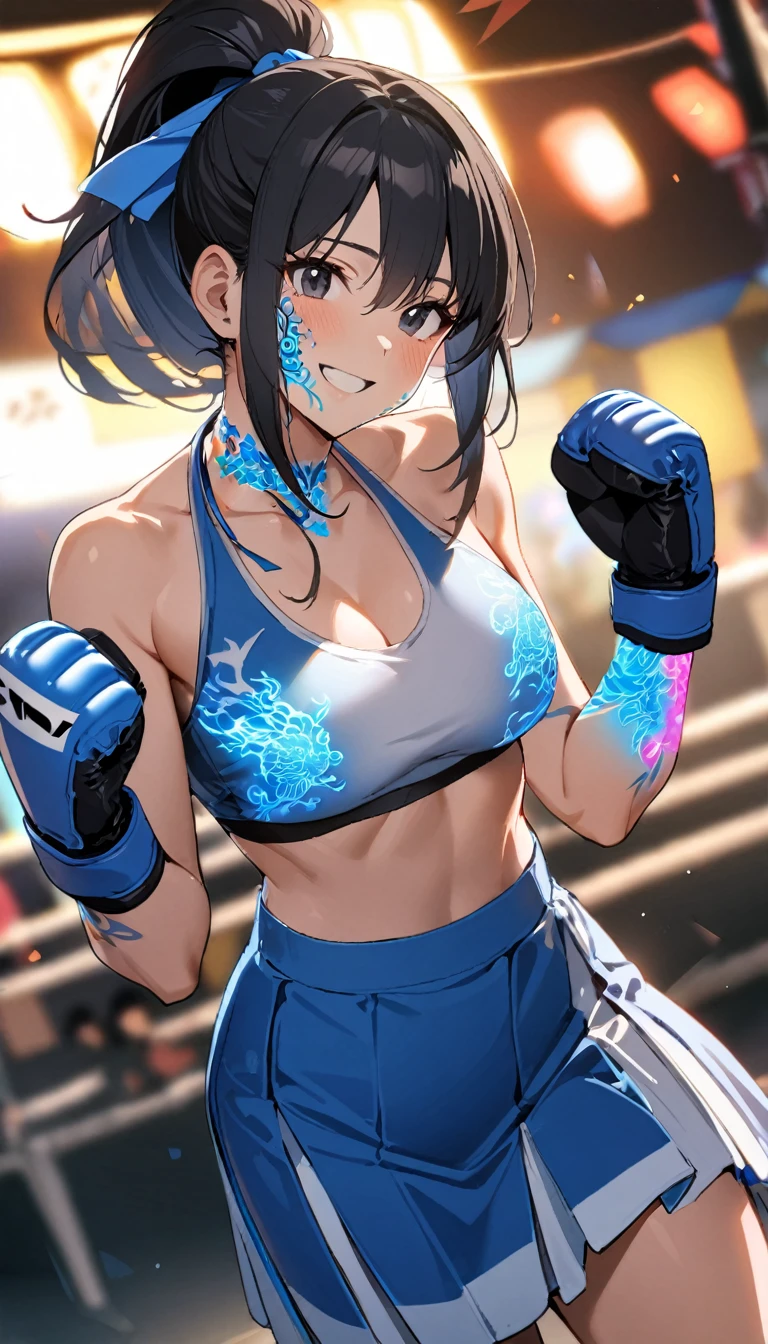 1girl,long face, tattoo on her face,matured , ponytail black hair,hair ribbons ,black eyes, ,blue skirt,joyful , standing,blue glowing dragon tattoos on her neck,glowing tattoo on her face,making a first, MMA gloves,perfect body,colourful beautiful school festival as the background,