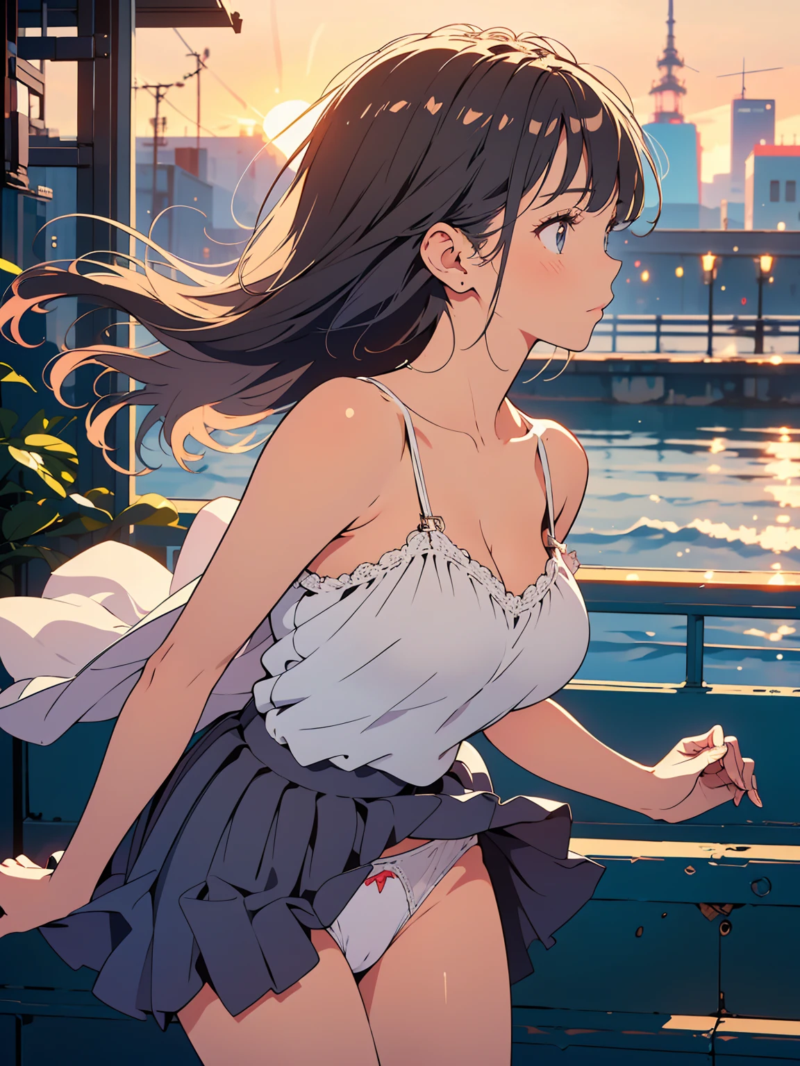 Realistic, high quality, Ultra-high resolution photos, Very beautiful photo, Breathtaking beauty, perfection, Glossy highlight on cheeks, perfectionなボディ, Biologically accurate limbs, cute, Beautiful Faces, beautiful bangs, Glowing White Skin, Natural skin texture, bangs, Split down the middle, Beautiful and shiny hair, Smooth Hair, Thin Hair, beautiful bangs, Glowing White Skin, Natural skin texture, bangs, Split down the middle, Beautiful and shiny hair, Smooth Hair, Thin Hair, (Large Breasts:1.3), Focus on the whole body, Profile photo:1.1, (Shooting with a camera on the go), One Woman, 20th Generation, 1 person, (), (camisole, Tulle skirt), (Thighs), (Adult white panties), (Exposing your buttocks, Legs like a model), (Skirt and hair fluttering in the wind), Gray wavy hair City, Natural light, Golden Hour, Retro colors, (Profile of a woman standing with the setting sun behind her), looking at the camera,