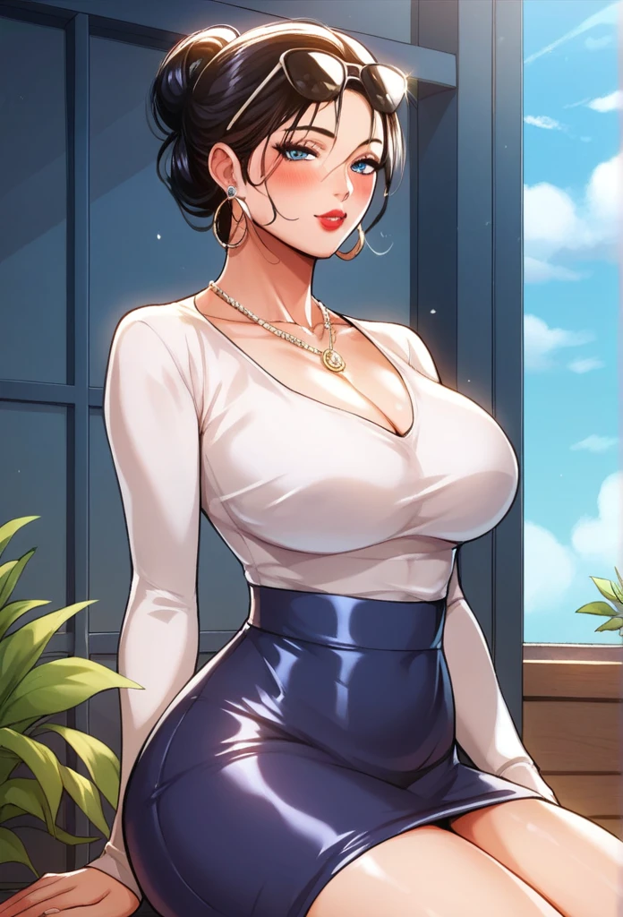 Hot sexy beautiful milf mom , hoops earrings,black hair,long slick back hair,blush,blue eyes, necklace ,one hair bun, lipstick,  a light purple turtleneck, dark, flowing transparent lobg skirt,black sunglasses on head, protruding ass