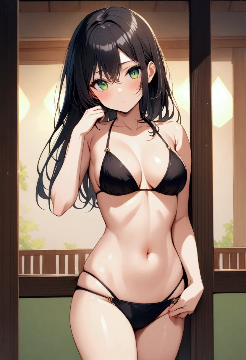 Anime girl, Long black hair, green eyes,aesthetic body,bikini