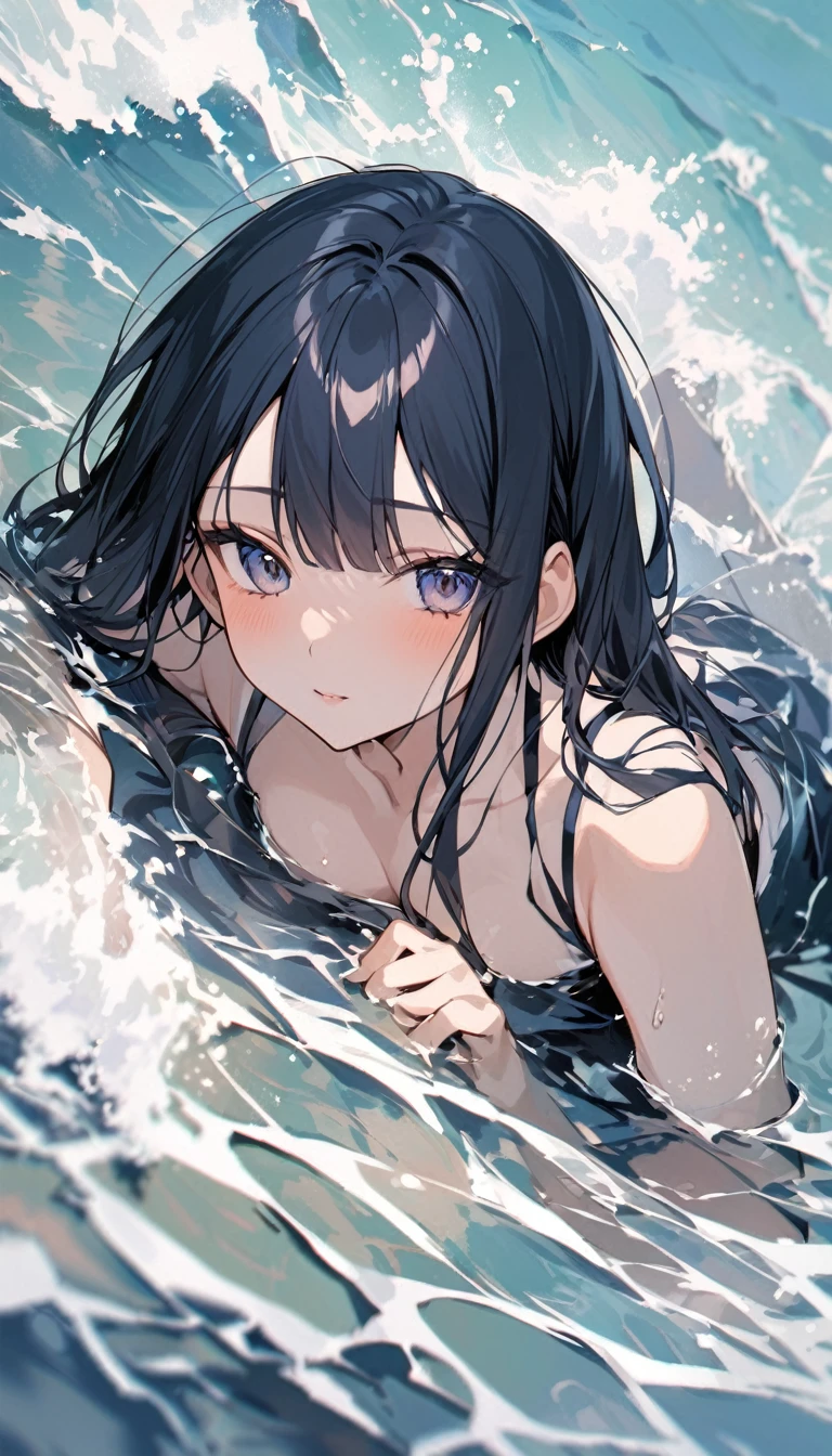 Japanese woman, 19 years old, waist-deep in the sea, leaning her body against the waves