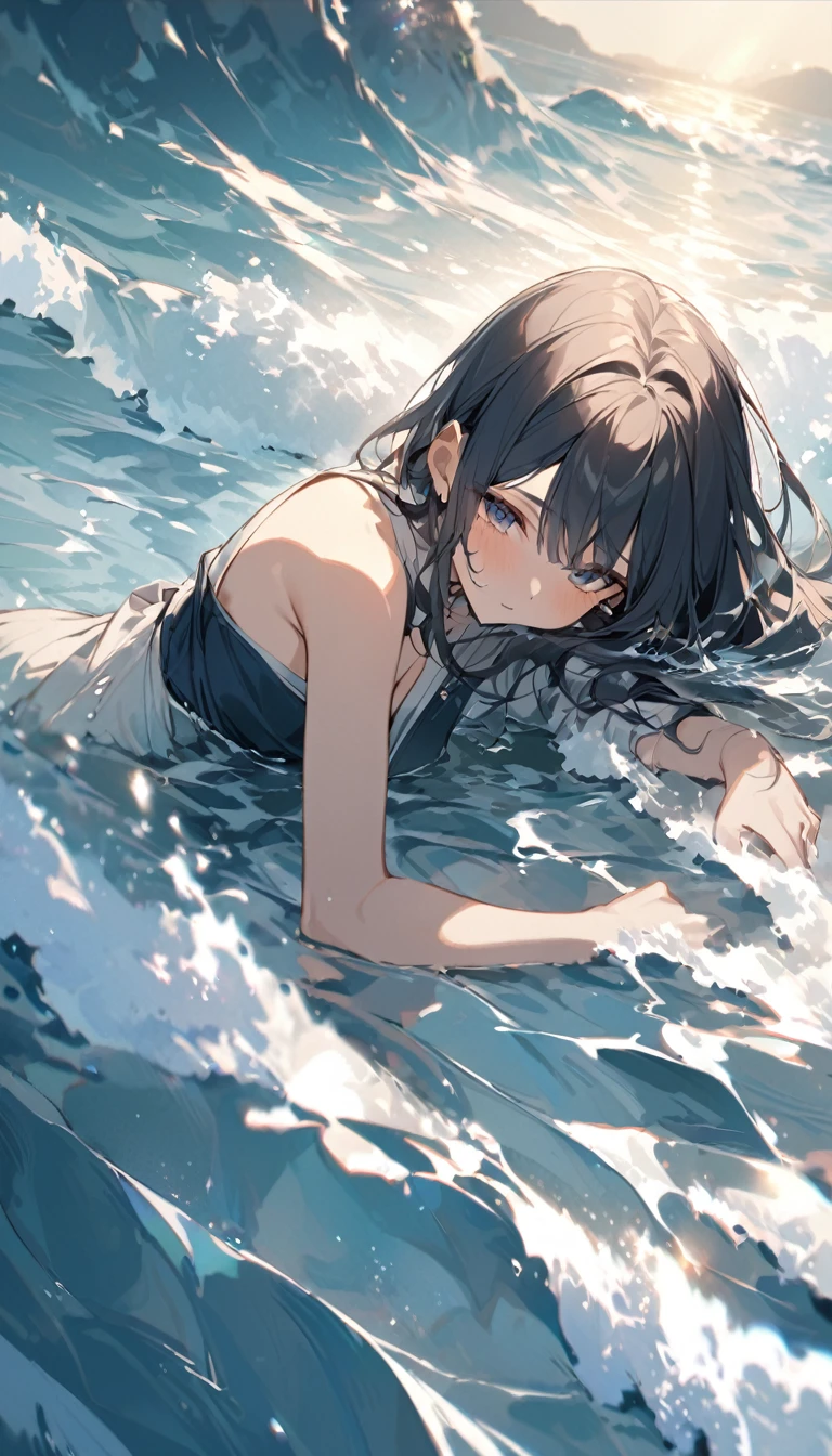 Japanese woman, 19 years old, waist-deep in the sea, leaning her body against the waves
