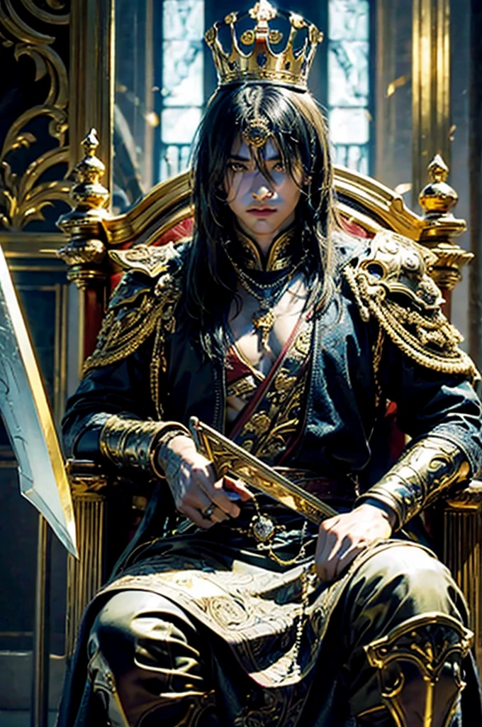 The adult man, The king of swords, king of warrior armor outfit, golden crown on his head, holding a king sword in his hand, sitting on the golden throne in the palace,His eyes were filled with determination, optimistic, adventurous, cinematic lighting, dramatic skies, detailed facial features, detailed clothing, depth of field, photorealistic, highly detailed, 8k, masterpiece