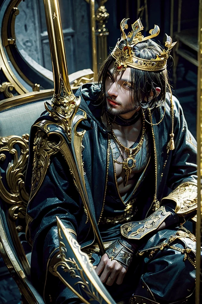 The adult man, The king of swords, king of warrior armor outfit, golden crown on his head, holding a king sword in his hand, sitting on the golden throne in the palace,His eyes were filled with determination, optimistic, adventurous, cinematic lighting, dramatic skies, detailed facial features, detailed clothing, depth of field, photorealistic, highly detailed, 8k, masterpiece