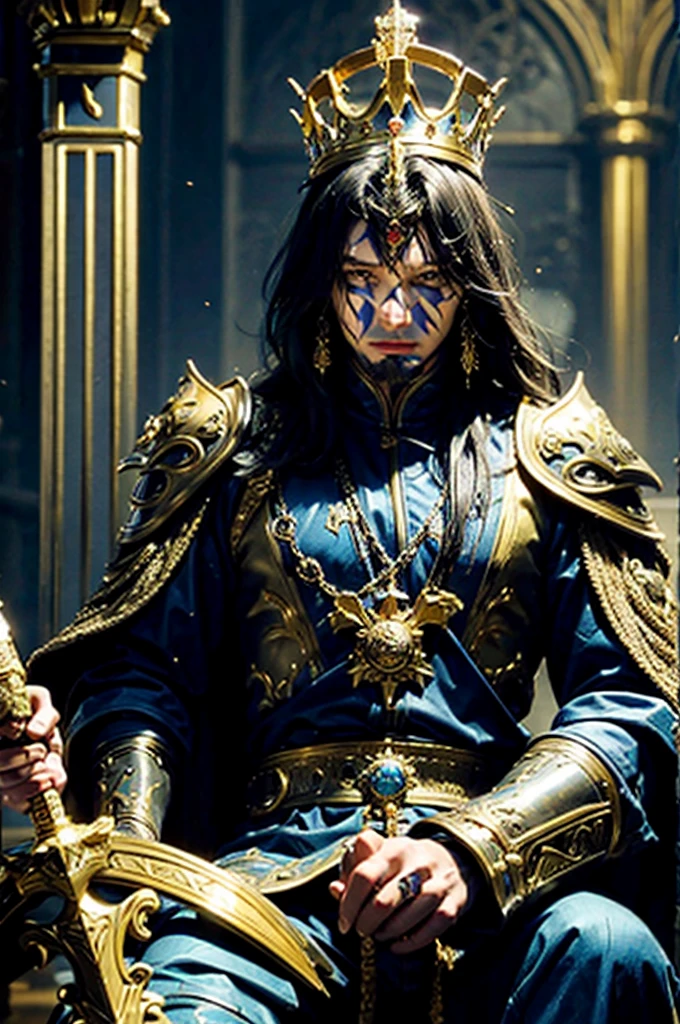 The adult man, The king of swords, king of warrior armor outfit, golden crown on his head, holding a king sword in his hand, sitting on the golden throne in the palace,His eyes were filled with determination, optimistic, adventurous, cinematic lighting, dramatic skies, detailed facial features, detailed clothing, depth of field, photorealistic, highly detailed, 8k, masterpiece